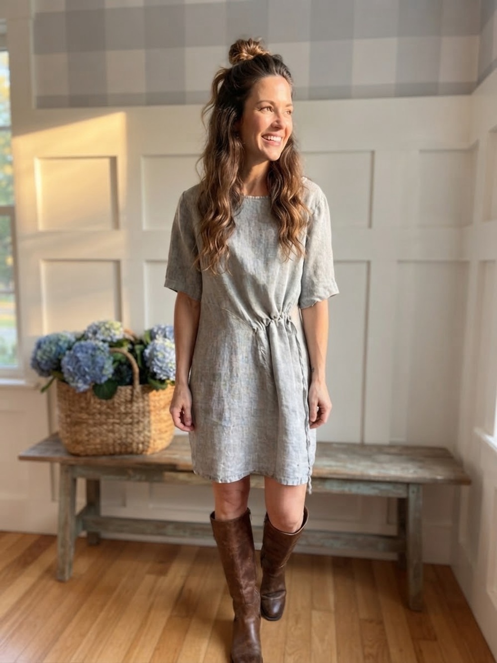 Italian Linen Drawstring Mini Dress in Light Gray Medium